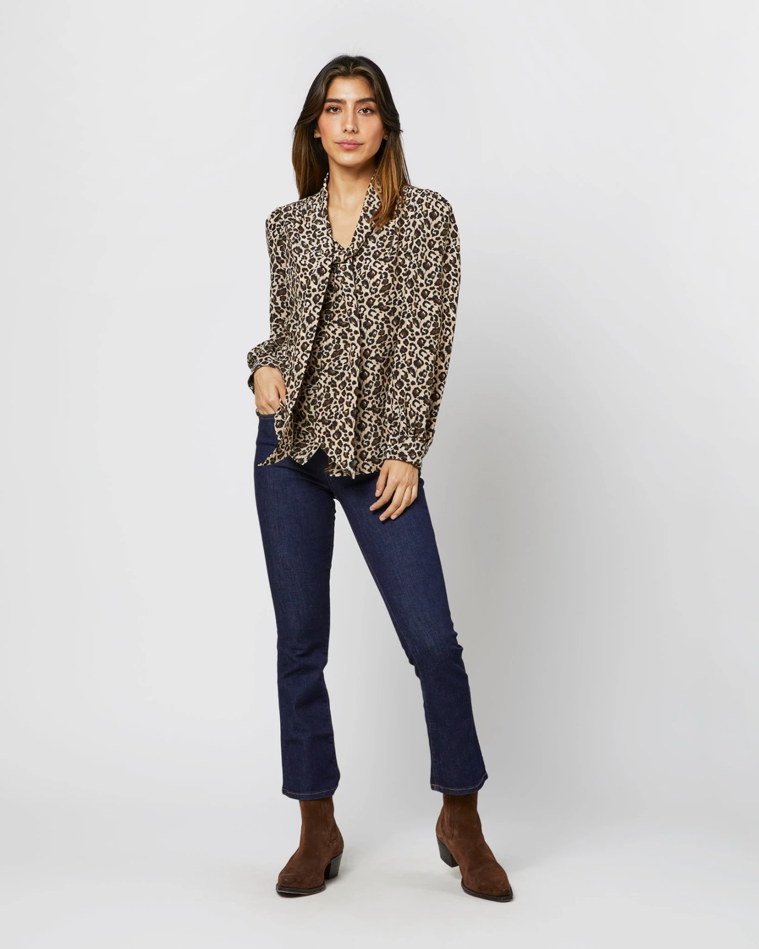 Helene Tie-Neck Blouse In Camel/Black Painterly Leopard Crepe De Chine 8 Helene Tie-Neck Blouse In Camel/Black Painterly Leopard Crepe De Chine - Image 6