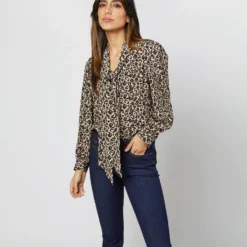 Helene Tie-Neck Blouse In Camel/Black Painterly Leopard Crepe De Chine 20 Helene Tie-Neck Blouse In Camel/Black Painterly Leopard Crepe De Chine -Chicorya Sales S71419 4744