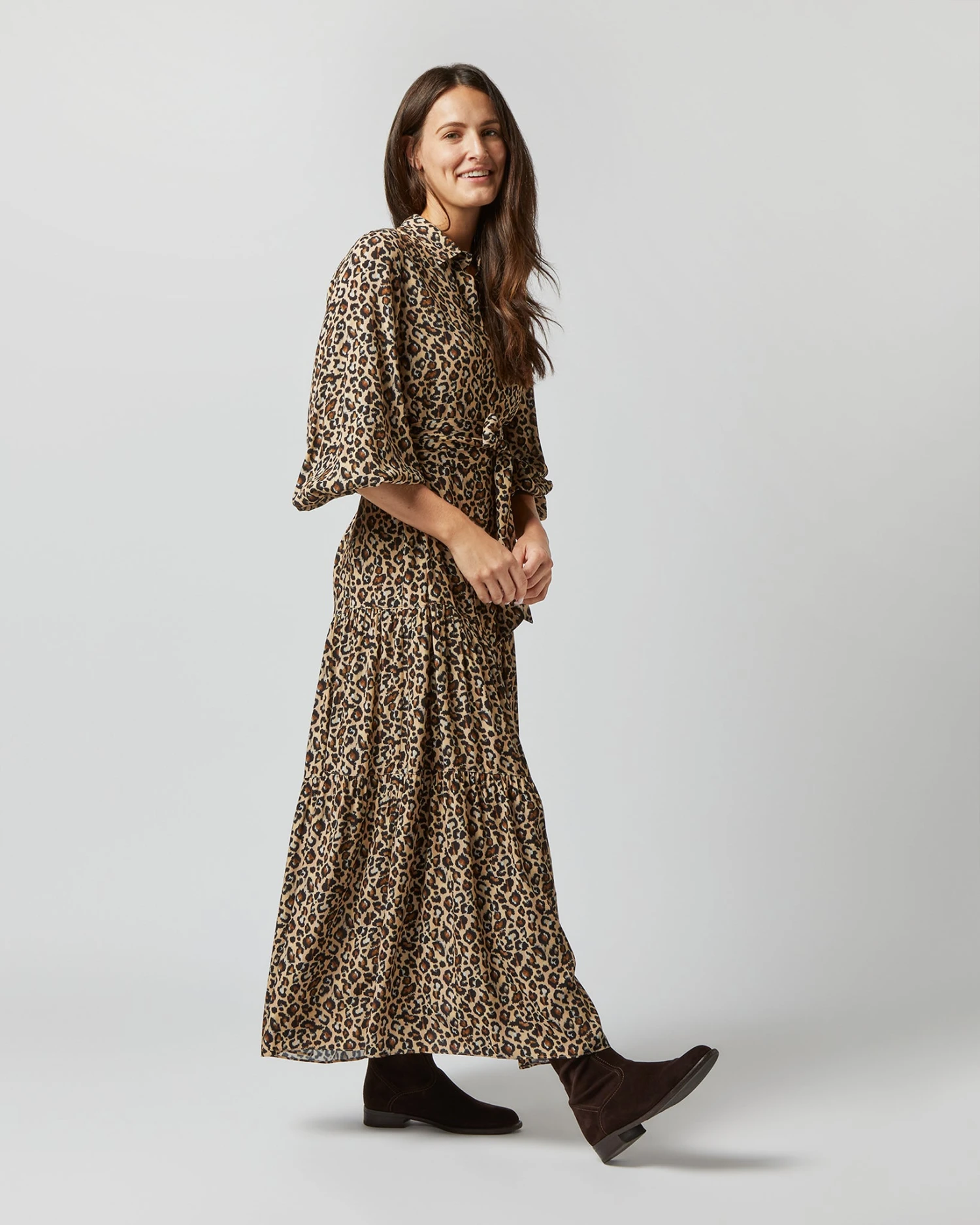 Isla Shirtdress In Camel/Black Painterly Leopard Crepe De Chine 3 Isla Shirtdress In Camel/Black Painterly Leopard Crepe De Chine