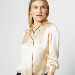 Tie-Neck Blouse In Platino Silk Charmeuse 14 Tie-Neck Blouse In Platino Silk Charmeuse -Chicorya Sales S71421 1718
