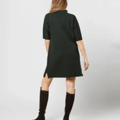 Rowan Short-Sleeved Funnel-Neck Dress In Bottle Green Merino Wool -Chicorya Sales S71436 869