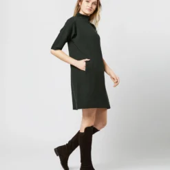 Rowan Short-Sleeved Funnel-Neck Dress In Bottle Green Merino Wool -Chicorya Sales S71436 877