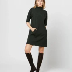 Rowan Short-Sleeved Funnel-Neck Dress In Bottle Green Merino Wool -Chicorya Sales S71436 890