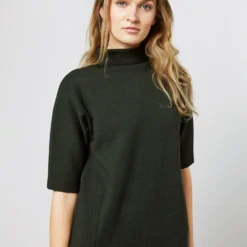 Rowan Short-Sleeved Funnel-Neck Dress In Bottle Green Merino Wool -Chicorya Sales S71436 916