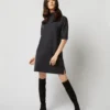 Rowan Short-Sleeved Funnel-Neck Dress In Heather Coal Merino Wool -Chicorya Sales S71437 614