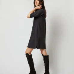 Rowan Short-Sleeved Funnel-Neck Dress In Heather Coal Merino Wool -Chicorya Sales S71437 624