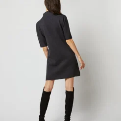 Rowan Short-Sleeved Funnel-Neck Dress In Heather Coal Merino Wool -Chicorya Sales S71437 635