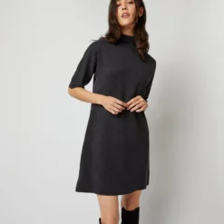 Rowan Short-Sleeved Funnel-Neck Dress In Heather Coal Merino Wool -Chicorya Sales S71437 678