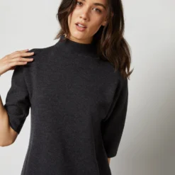 Rowan Short-Sleeved Funnel-Neck Dress In Heather Coal Merino Wool -Chicorya Sales S71437 684