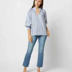Liya Top In Blue Multi Plaid Poplin