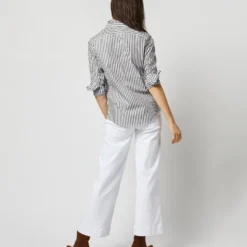 Frill Shirt In Dark Olive Awning Stripe Cotton -Chicorya Sales S71627 1450