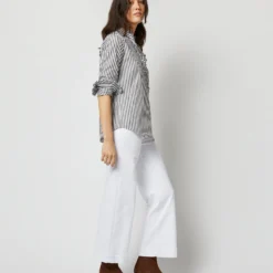 Frill Shirt In Dark Olive Awning Stripe Cotton -Chicorya Sales S71627 1458