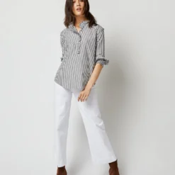 Frill Shirt In Dark Olive Awning Stripe Cotton