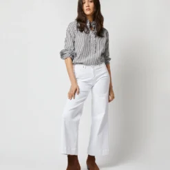 Frill Shirt In Dark Olive Awning Stripe Cotton -Chicorya Sales S71627 1468