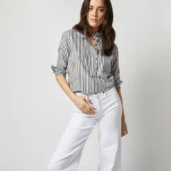 Frill Shirt In Dark Olive Awning Stripe Cotton -Chicorya Sales S71627 1522