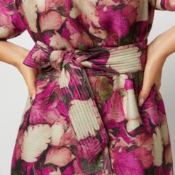 Trapunto Blouson-Sleeve Dress In Berry/Multi Winter Garden Venetian -Chicorya Sales S71916 1005