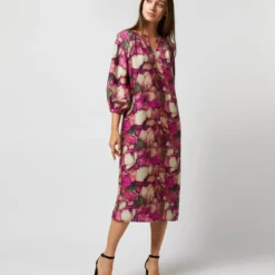Trapunto Blouson-Sleeve Dress In Berry/Multi Winter Garden Venetian -Chicorya Sales S71916 788
