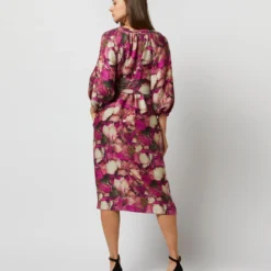 Trapunto Blouson-Sleeve Dress In Berry/Multi Winter Garden Venetian -Chicorya Sales S71916 879