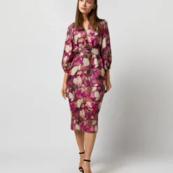 Trapunto Blouson-Sleeve Dress In Berry/Multi Winter Garden Venetian
