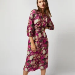 Trapunto Blouson-Sleeve Dress In Berry/Multi Winter Garden Venetian -Chicorya Sales S71916 962
