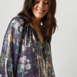 Ariana Blouse In Navy/Metallic Floral Academy Liberty Fabric Lamé -Chicorya Sales S72084 3906