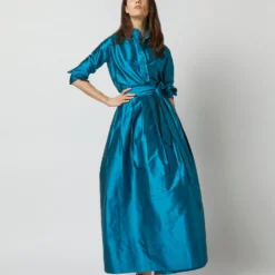 Pleated Wrap Skirt In Atlantic Blue Silk Shantung -Chicorya Sales S72090 2221