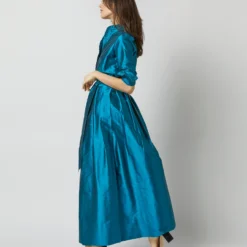Pleated Wrap Skirt In Atlantic Blue Silk Shantung -Chicorya Sales S72090 2239