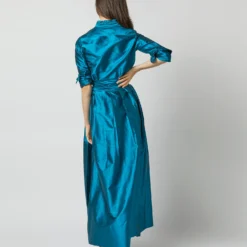 Pleated Wrap Skirt In Atlantic Blue Silk Shantung -Chicorya Sales S72090 2246