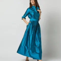 Pleated Wrap Skirt In Atlantic Blue Silk Shantung -Chicorya Sales S72090 2273