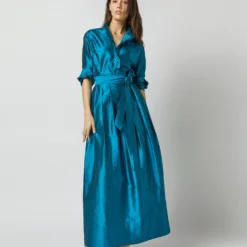 Pleated Wrap Skirt In Atlantic Blue Silk Shantung -Chicorya Sales S72090 2297