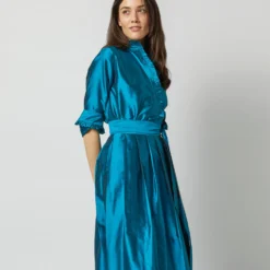 Frill Shirt In Atlantic Blue Silk Shantung -Chicorya Sales S72090 2324
