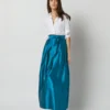 Pleated Wrap Skirt In Atlantic Blue Silk Shantung -Chicorya Sales S72090 2444