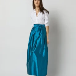 Pleated Wrap Skirt In Atlantic Blue Silk Shantung