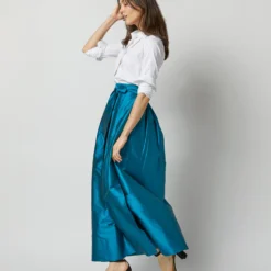 Pleated Wrap Skirt In Atlantic Blue Silk Shantung -Chicorya Sales S72090 2469