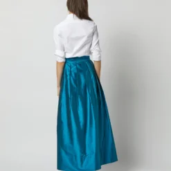 Pleated Wrap Skirt In Atlantic Blue Silk Shantung -Chicorya Sales S72090 2483