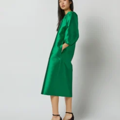 Trapunto Blouson Dress In Emerald Silk/Wool -Chicorya Sales S72092 2083