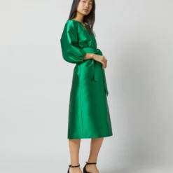 Trapunto Blouson Dress In Emerald Silk/Wool -Chicorya Sales S72092 2119