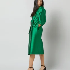Trapunto Blouson Dress In Emerald Silk/Wool -Chicorya Sales S72092 2127