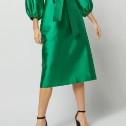 Trapunto Blouson Dress In Emerald Silk/Wool -Chicorya Sales S72092 2189