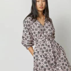 Liya Dress In Light Pink/Charcoal Daisy Stretch Sateen 13 Liya Dress In Light Pink/Charcoal Daisy Stretch Sateen -Chicorya Sales S72093 4638