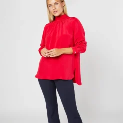 Colette Tie-Neck Blouse In Red Silk Crepe De Chine -Chicorya Sales S72094 3210