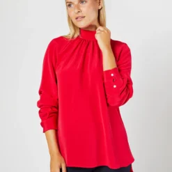 Colette Tie-Neck Blouse In Red Silk Crepe De Chine -Chicorya Sales S72094 3225