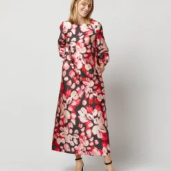 Long-Sleeved Paige Maxi Dress In Pink/Black Painterly Floral Mikado