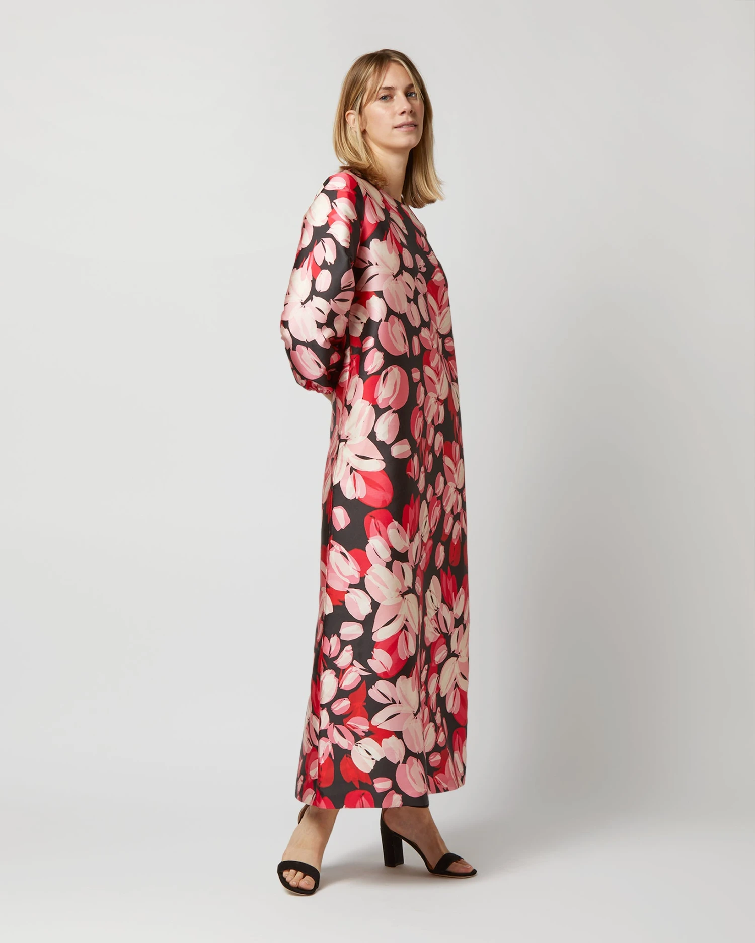Long-Sleeved Paige Maxi Dress In Pink/Black Painterly Floral Mikado 5 Long-Sleeved Paige Maxi Dress In Pink/Black Painterly Floral Mikado - Image 3