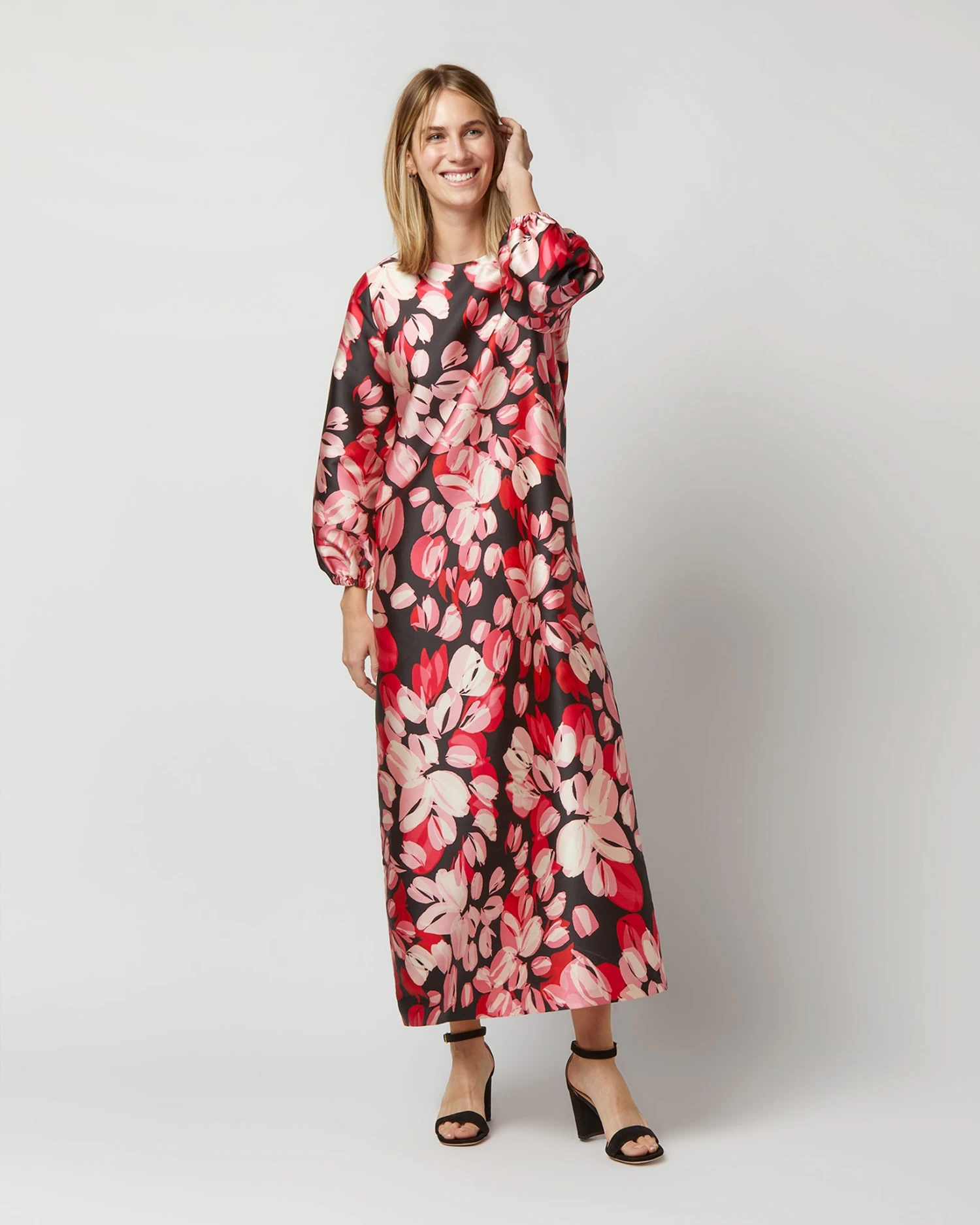Long-Sleeved Paige Maxi Dress In Pink/Black Painterly Floral Mikado 7 Long-Sleeved Paige Maxi Dress In Pink/Black Painterly Floral Mikado - Image 5
