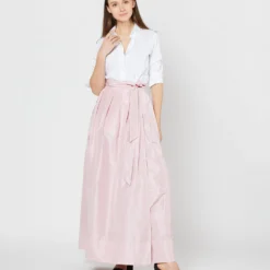 Reversible Pleated Wrap Skirt In Light Pink/Red Silk Taffeta