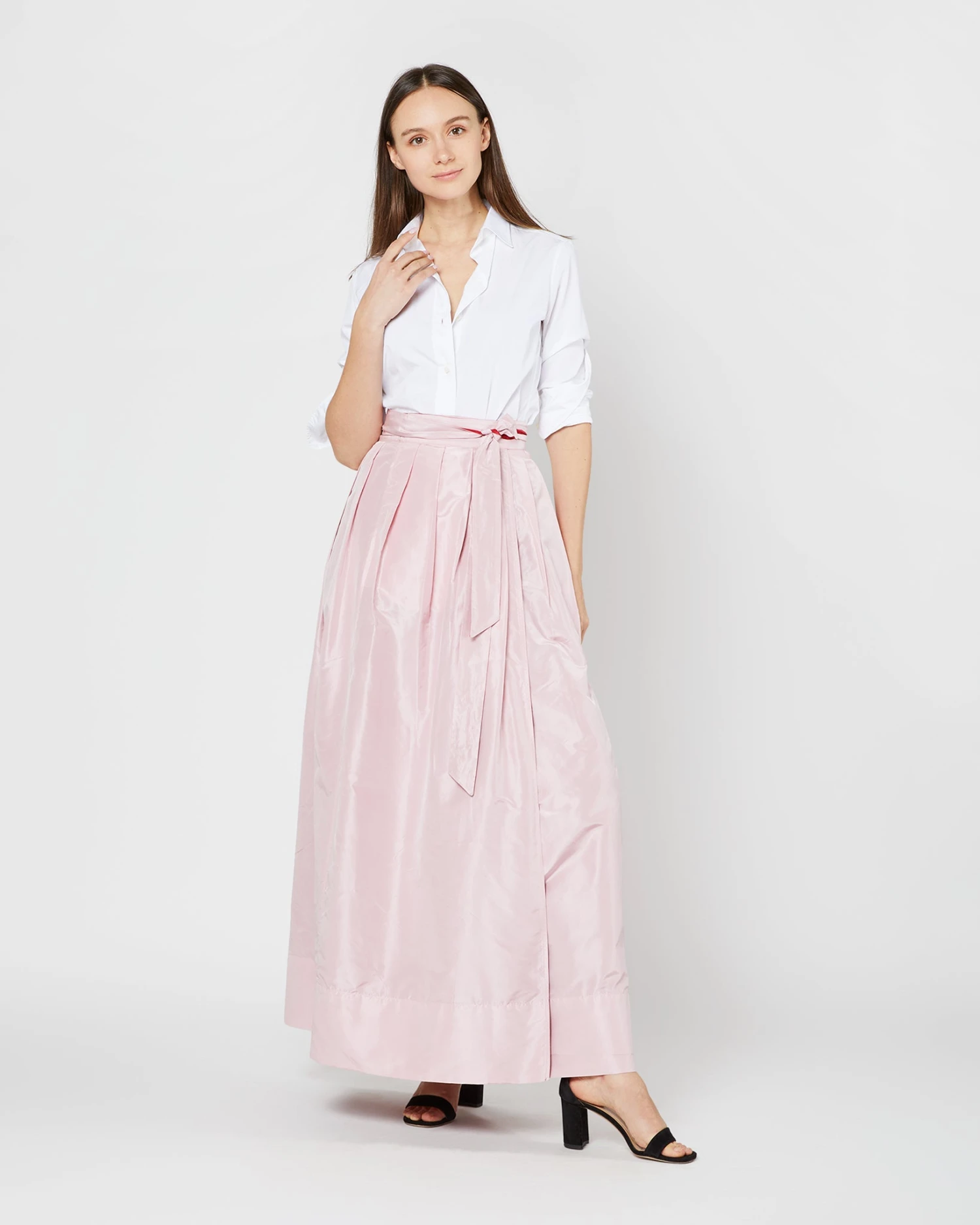 Reversible Pleated Wrap Skirt In Light Pink/Red Silk Taffeta 3 Reversible Pleated Wrap Skirt In Light Pink/Red Silk Taffeta