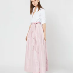 Reversible Pleated Wrap Skirt In Light Pink/Red Silk Taffeta 18 Reversible Pleated Wrap Skirt In Light Pink/Red Silk Taffeta -Chicorya Sales S72098 SAMPLE 1939