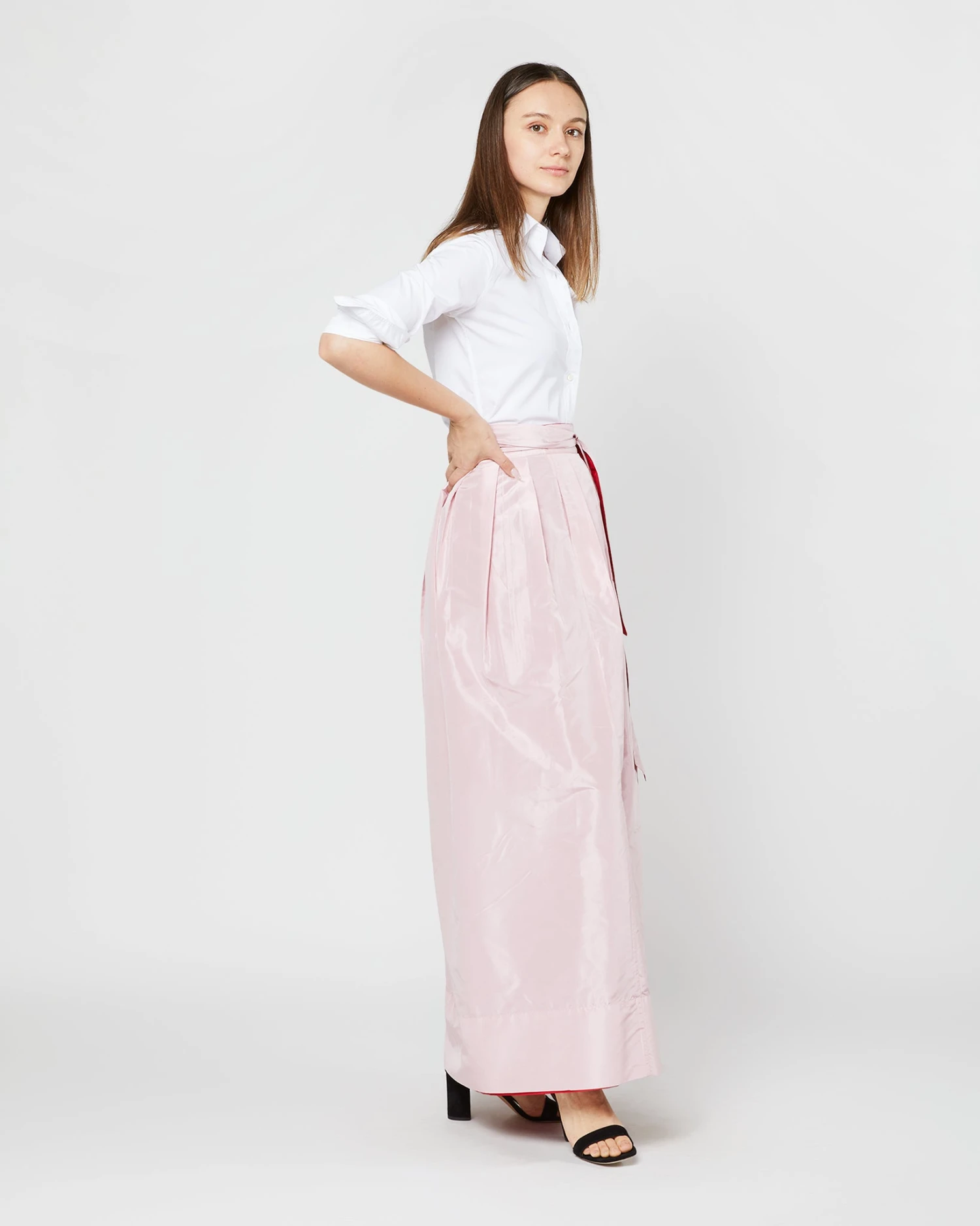 Reversible Pleated Wrap Skirt In Light Pink/Red Silk Taffeta 6 Reversible Pleated Wrap Skirt In Light Pink/Red Silk Taffeta - Image 4