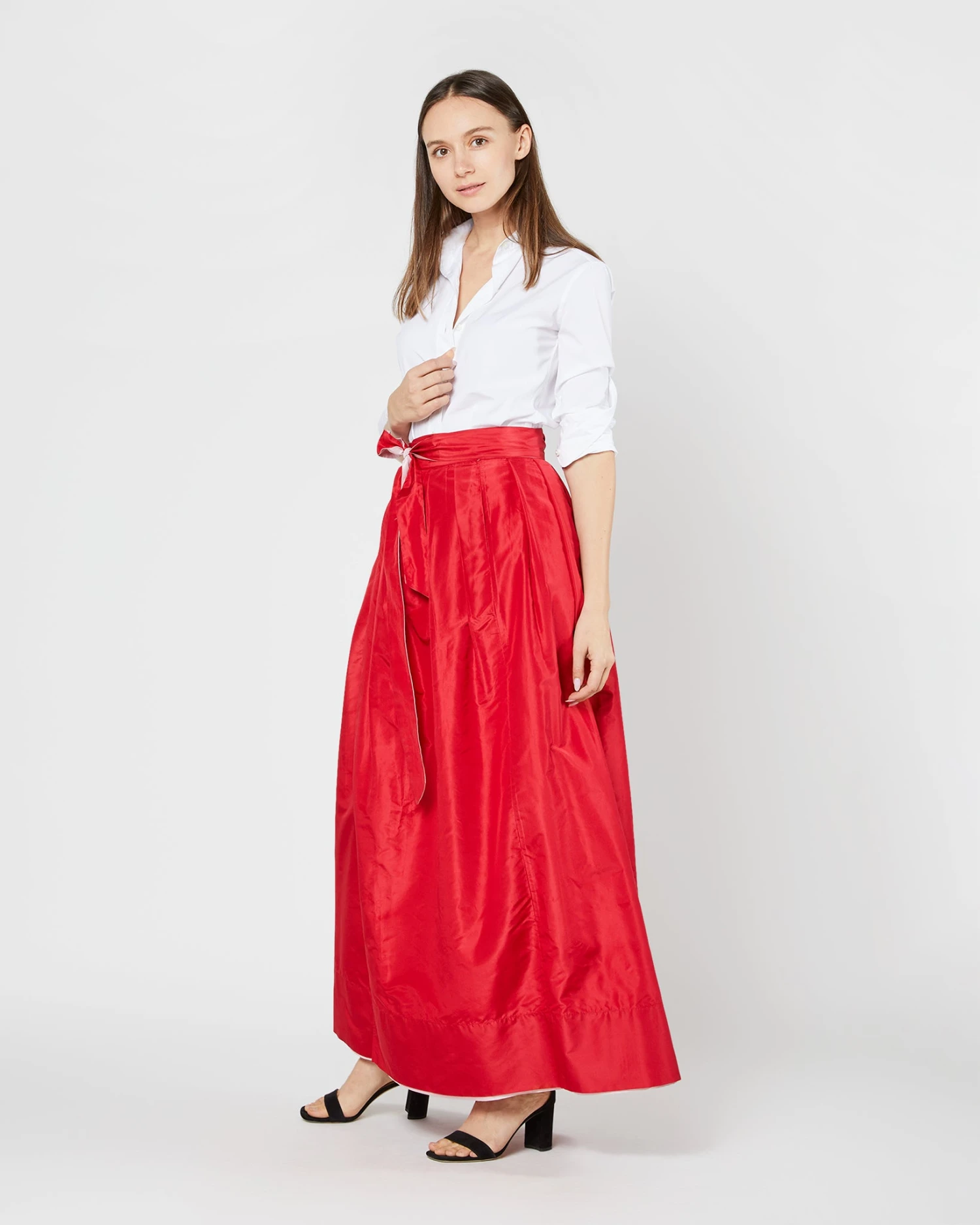 Reversible Pleated Wrap Skirt In Light Pink/Red Silk Taffeta 9 Reversible Pleated Wrap Skirt In Light Pink/Red Silk Taffeta - Image 7